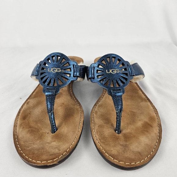 Ugg Australia Leather Shearling Lined Flip Flops Blue Thong Sandals Women's 6 - Picture 1 of 6